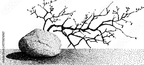 Black and white winter scene with snow covered stone and branches