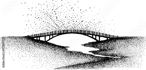 Black and white winter scene with snowy bridge over frozen stream