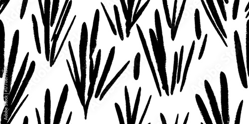 Minimalist abstract pattern of grass blades in black and white for modern decor