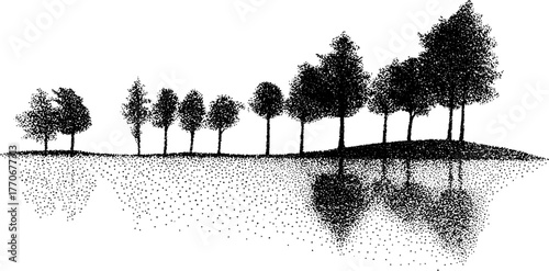Black and white solitary tree line with reflection in stipple effect for artistic design