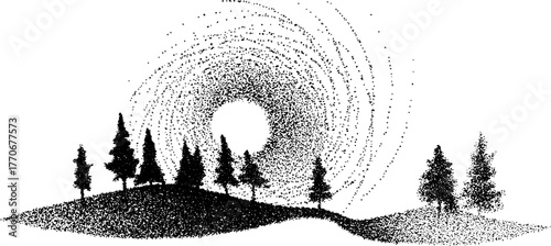 Enchanting night sky with stars forming spiral above serene landscape