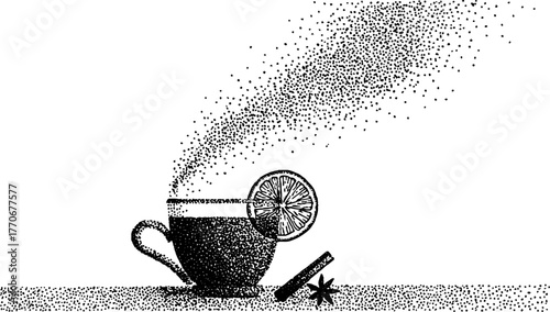 Black and white mulled drink with citrus and spices in stipple technique