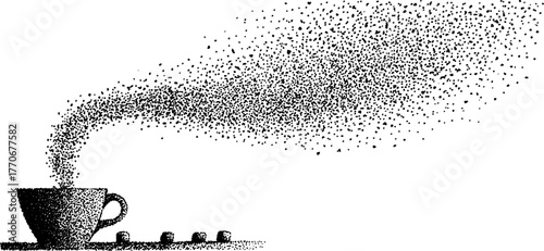 Steaming mug of hot chocolate with marshmallows in vintage dotwork style for culinary design