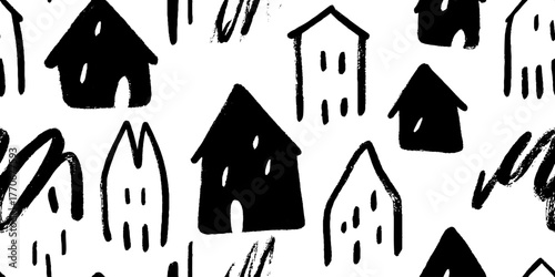 Minimalist black and white abstract pattern featuring hand-drawn scribble houses for design projects