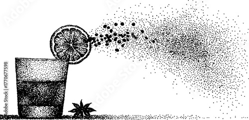 Black and white illustration of steaming mulled drink with citrus and spice motif