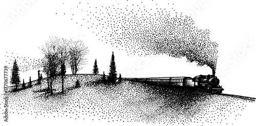 Black and white train journey through snowy landscape in winter