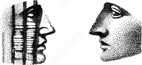 Timeless encounter: black and white ancient busts in artistic halftone design