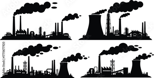Factory silhouette vector illustration, industrial pollution design, smoke chimney art, power plant symbol, manufacturing industry graphic, environmental impact drawing, air pollution