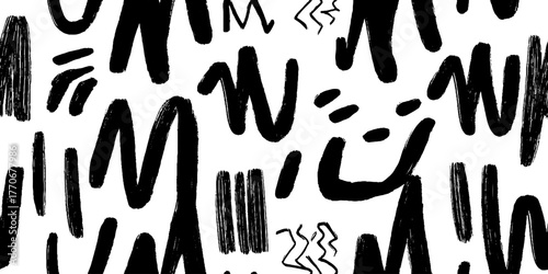 Minimalist abstract pattern with ink stains and brush strokes in black and white for creative design