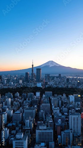 Urban aerial view at dusk with a snowy mountain and buildings under a gradient sky