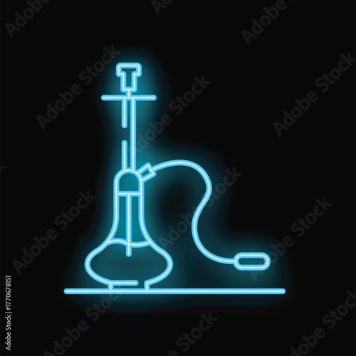 Blue neon sign showing a shisha pipe standing on a bar countertop