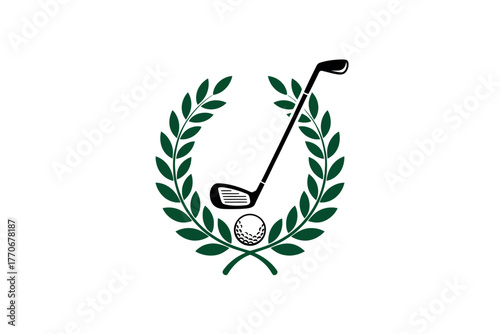 A golf club and ball are framed by a laurel wreath, symbolizing victory in sports.
