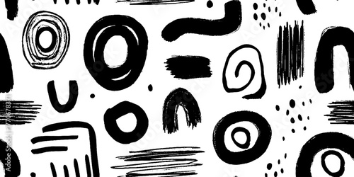 Minimalist abstract black and white pattern with hand-drawn locks and shapes for design