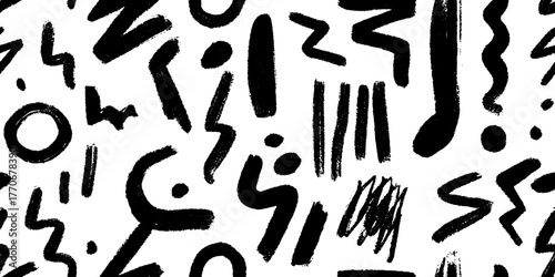 Minimalist abstract black and white pattern with geometric shapes and scribbles for contemporary design