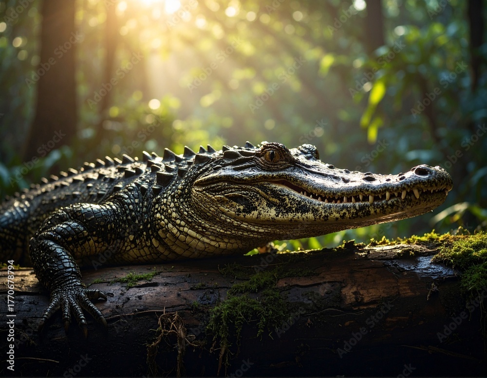 Fototapeta premium A fierce alligator with sharp teeth rests atop a fallen, wet log in a dense forest. Its powerful body blends with the wild surroundings, creating a dramatic scene of raw nature and silent strength