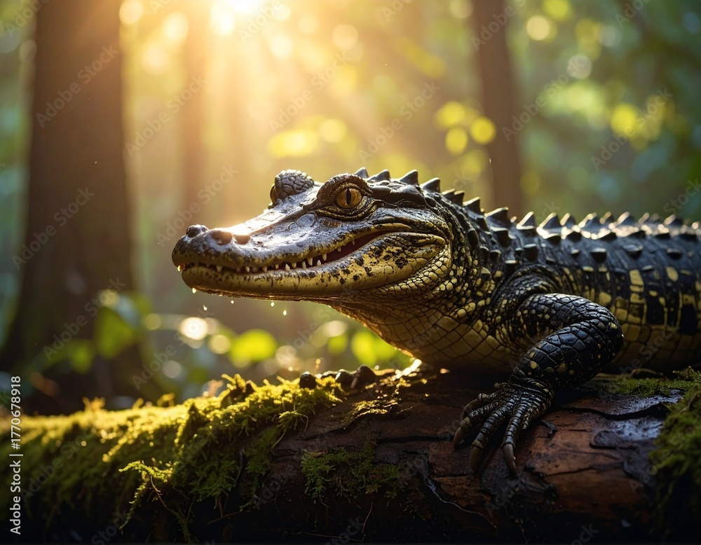 Fototapeta premium A fierce alligator with sharp teeth rests atop a fallen, wet log in a dense forest. Its powerful body blends with the wild surroundings, creating a dramatic scene of raw nature and silent strength