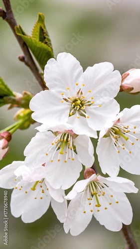 Close-up of white blossoms and buds on a branch, soft blurred background