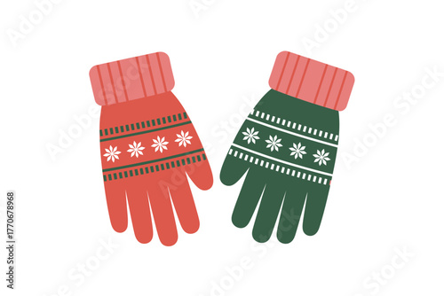 A pair of knitted mittens, one red and one green, with snowflake patterns.