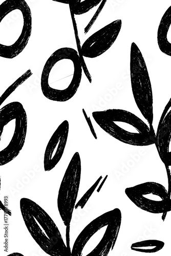 Minimalist abstract black and white olive branch pattern design