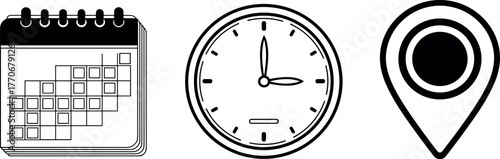 Calendar, Clock, and Location Icon Set A Simple Time and Place Collection
