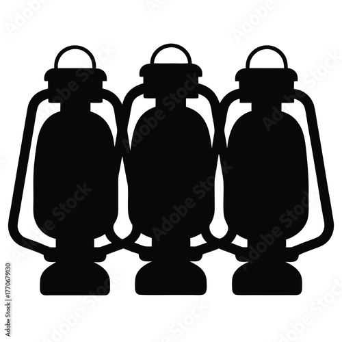 Three Vintage Hurricane Kerosene Oil Lamps in Silhouette against a White Background
