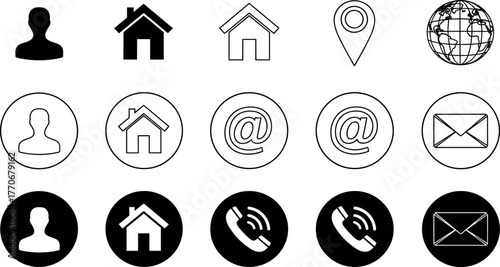 Vector icon set for digital communication and navigation, featuring essential symbols like user, home, email, location, global, and phone. Ideal for website and mobile application interfaces