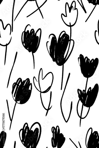 Minimalist black and white abstract poppy flower pattern for modern design