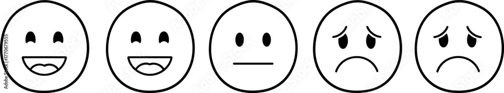 Fototapeta premium Emoticons expressing various emotions happiness, joy, neutrality, sadness, and depression in simple line art