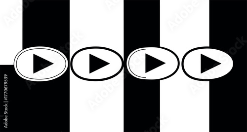 Black and white graphic illustration of play button icons. Ideal for digital media player controls, user interface design, and modern multimedia applications or web elements