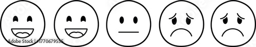 Emoticons expressing various emotions happiness, joy, neutrality, sadness, and depression in simple line art