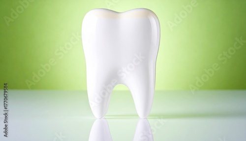 White Molar Tooth Model Standing Upright on Reflective Surface with Green Background