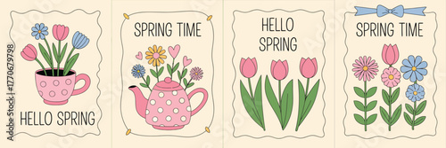 Hand Drawn Vintage Spring Frame Vector Set,  Whimsical floral borders with ribbons, flowers, and watering cans in coquette style for greeting cards, invitations, and decorative posters.
