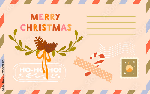 Cute vintage Christmas envelope with festive details. Branch, pine cone, stamp, candy canes. A cosy illustration for festive card, winter mail designs, poster and invitation