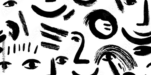 Minimalist abstract black and white smiley faces pattern for artistic design