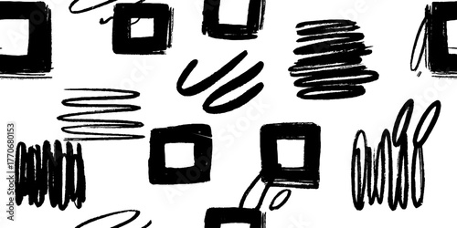 Minimalist abstract black and white pattern with geometric squares and scribbles for modern design