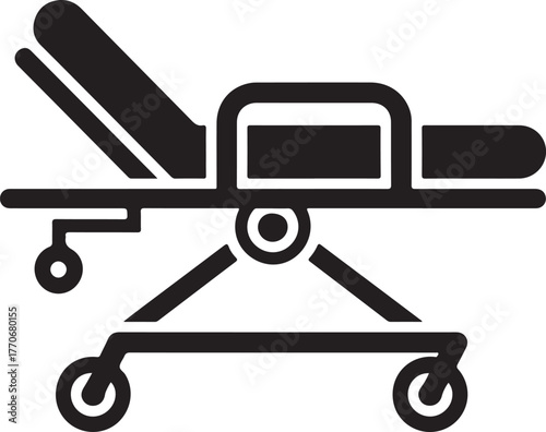 Black and white icon of a medical gurney with wheels stretcher hospital