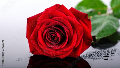 Single Red Rose with Water Droplets on Dark Surface in Soft Lighting