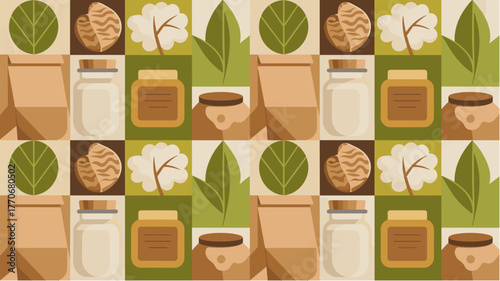 Eco-friendly packaging seamless pattern with leaves and jars in earthy tones