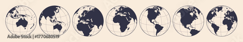 Globe, map, North South America, Africa, Europe Oceania, Australia, Asia. Earth globe with continents. Europe, Asia America Oceania globe set. Map globe sign, symbol circle. Vector Illustration
