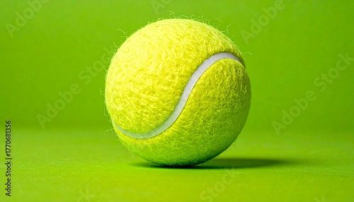 Single Yellow Tennis Ball with White Seams on Green Surface and Background