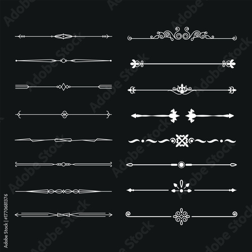 Gold text dividers doodle set. Wedding decorative elements. Divider ornament, borders, floral, vintage line separators. Hand drawn vector illustration isolated on white background. Set page dividers.