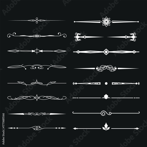 Gold text dividers doodle set. Wedding decorative elements. Divider ornament, borders, floral, vintage line separators. Hand drawn vector illustration isolated on white background. Set page dividers.