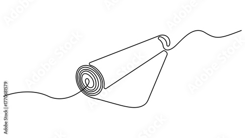 Continuous line drawing Roll of camping or fitness carpet. Fitness equipment concept. Yoga floor mat symbol icon vector illustration concept. Continuous one line drawing mattress