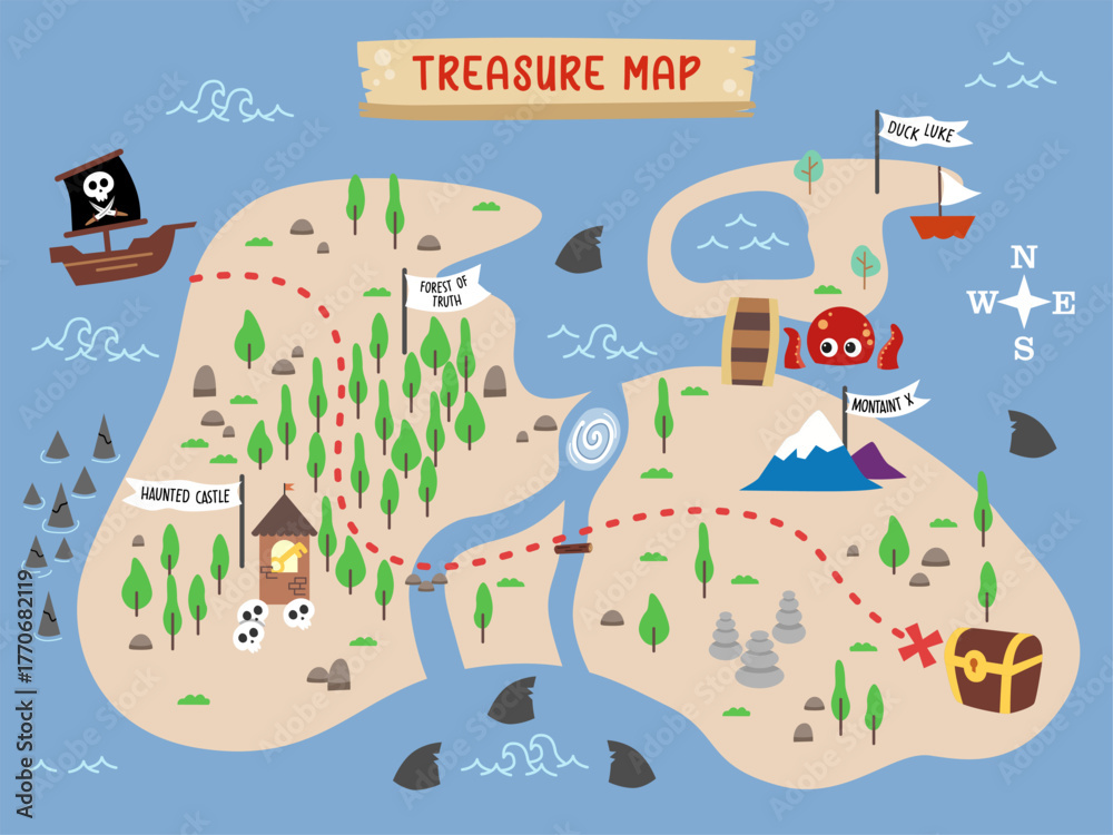 Fototapeta premium Pirate Treasure Map Template for Kids Game Idea