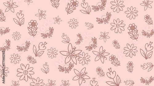 Floral Seamless Pattern With Soft Pink Background Delicate Line Art Of Blossoms And Leaves And Foliage