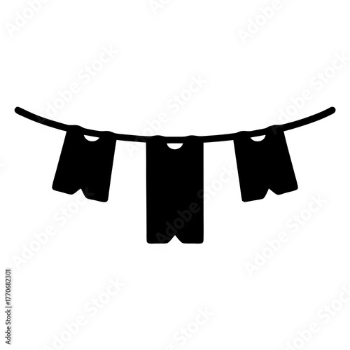 A simple black and white banner with three flags hanging along thread