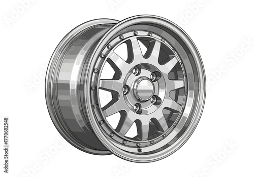 Silver Alloy Car Wheel Rim with Detailed Design and Bolt Accents.