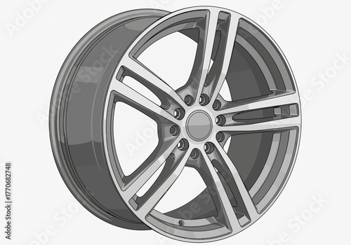 Silver Alloy Car Wheel Rim with Five Spokes Design.