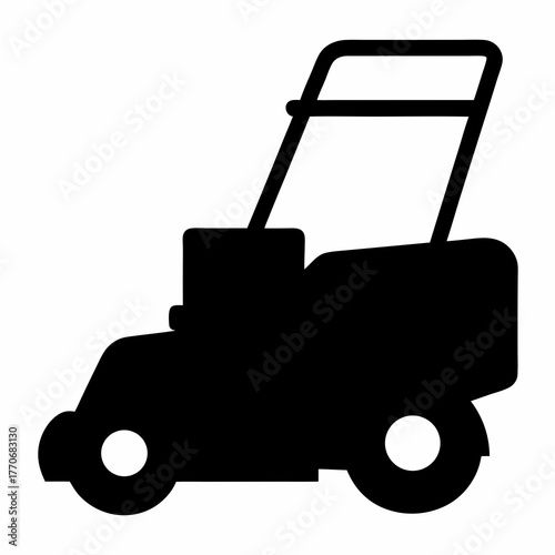Simple black silhouette of a lawn mower for yard maintenance and landscaping