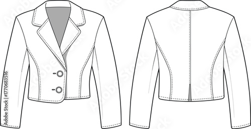 Cad drawing flat vector illustration of tailored women blazer jacket front and back technical fashion sketch, cad drawing flat vector illustration